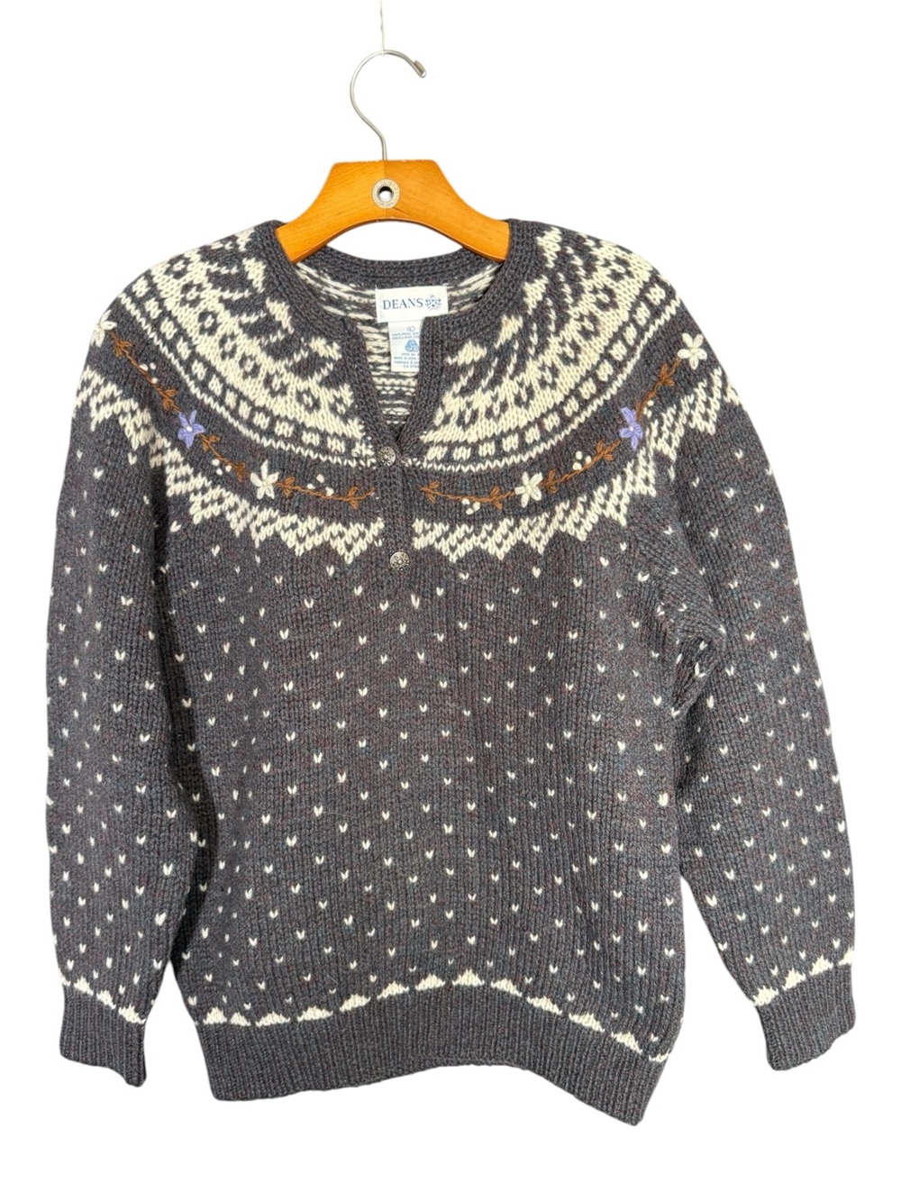Vintage Deans 100% Shetland Wool Fair Isle Sweater Floral Feminine Henley L